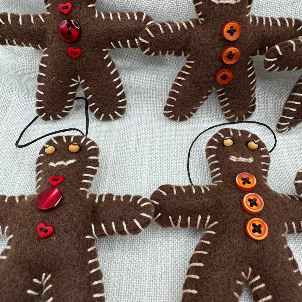 Gingerbread Ornaments Handmade 4” X 3.5” old fashioned style buttons set of 4
